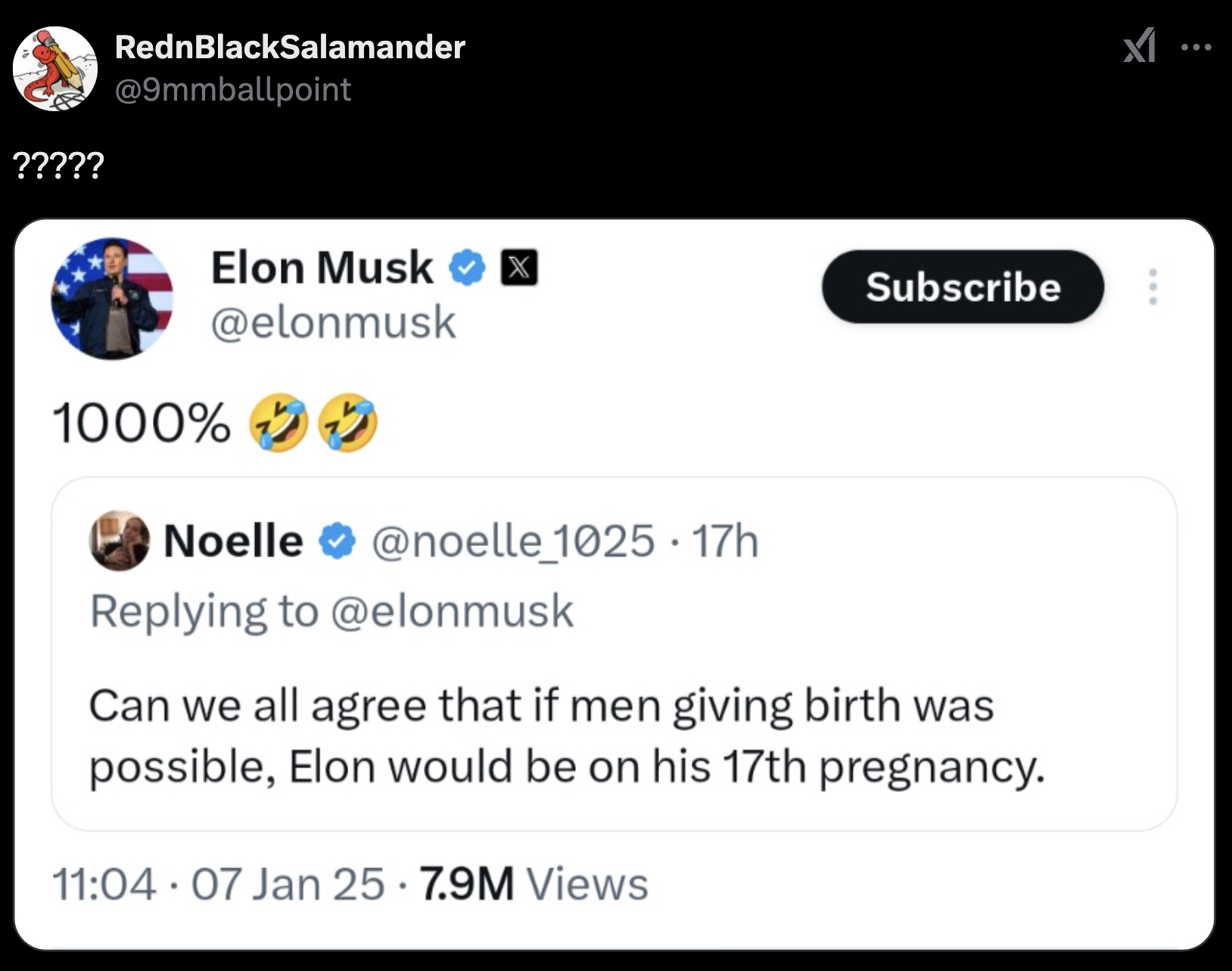 screenshot - ????? RednBlackSalamander Elon Musk X 1000% Subscribe Noelle . 17h Can we all agree that if men giving birth was possible, Elon would be on his 17th pregnancy. 07 Jan 25 7.9M Views